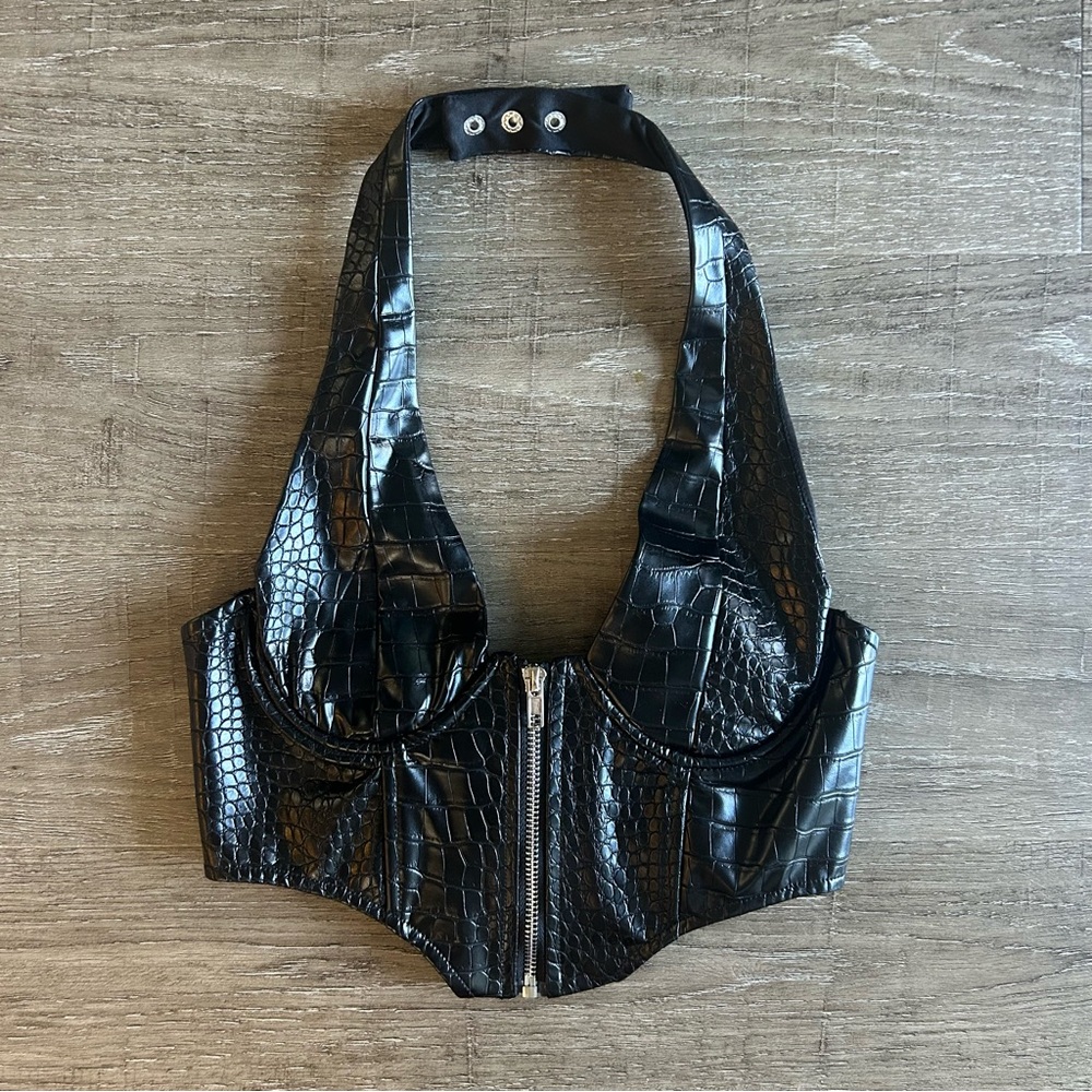 Black Croc-Embossed Vinyl Halter Bustier Top Alix Earle Edikted Top in Black NWT
